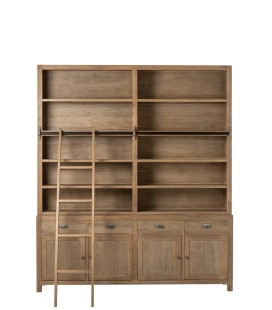 Bibliothèque bois naturel avec échelle, 5 grandes étagères et 5 grands placards. Poignets noir