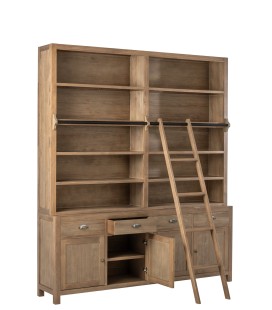 Grande Bibliothèque bois naturel avec échelle, 5 étagères et 5 grands placards. Poignets noir