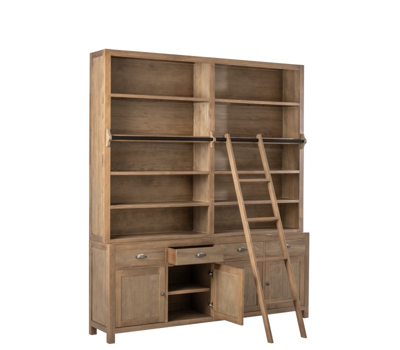 Grande Bibliothèque bois naturel avec échelle, 5 étagères et 5 grands placards. Poignets noir