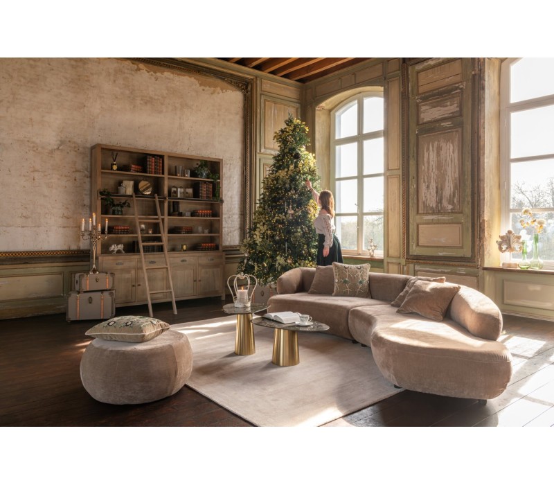 Bibliothèque bois naturel avec échelle de style provençal, grand salon beige et effet de pierre
