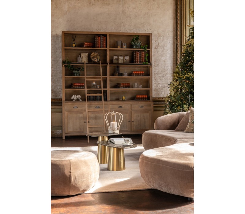 Bibliothèque bois style nature avec grande échelle, 5 large étagères et 5 grands placards. Poignets noir