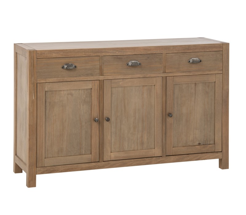 Grand buffet Blois Bois De Pin Naturel aménagement provençale. 3 grands tiroirs et 3 grands placards avec poignets argent