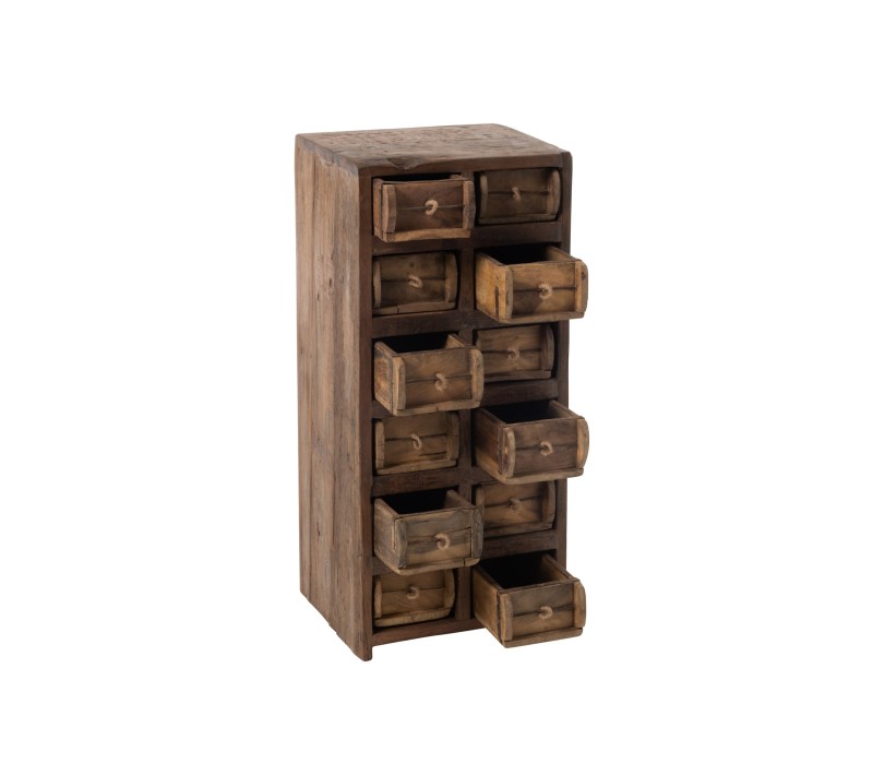 meuble Armoire 12 Tiroirs ouvert  Brut Bois Recycle Marron, bois vieilli style industriel poignet corde