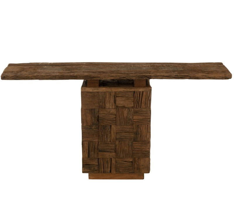 Console Woody en bois naturel, plateau et console en bois teinté. meuble d'exposition exotique