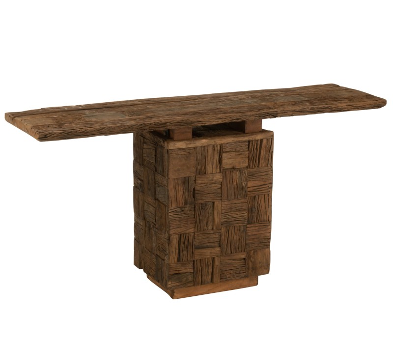 Console Woody en bois naturel, plateau et console en bois teinté. meuble d'exposition exotique