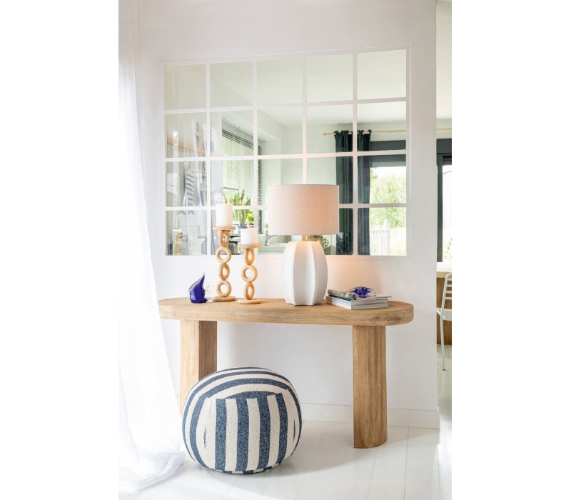 Console en bois de Manguier naturel , lignes arrondies deux pieds en bois. Lampe céramique avec abat jour beige et pouf en tissu