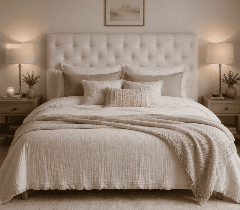 Tête de lit capitonnée velours beige, chambre cosy avec lampes et tables de chevets