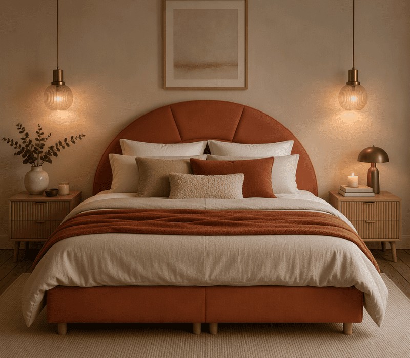 Tête de lit arrondies en tissu pana cota, chambre cosy avec dessus de lit assorti, table de chevet en bois