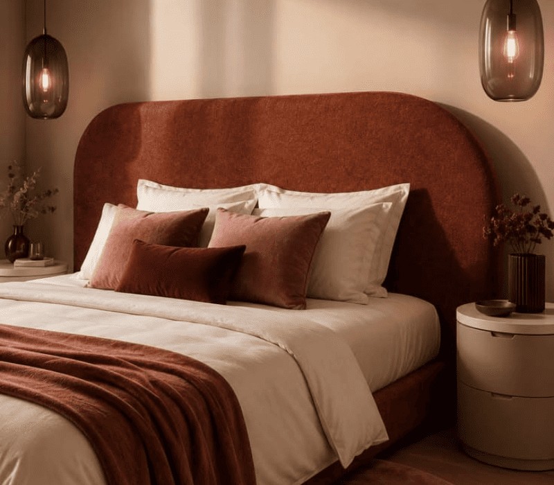 Tête de lit arrondie en coton biologique en coloris pana cota dans une chambre de style d'hôtellerie