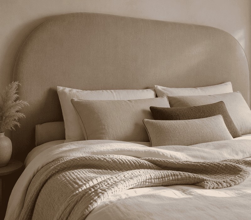 Tête de lit arrondie en coton biologique dans une chambre scandinave beige et bois clair