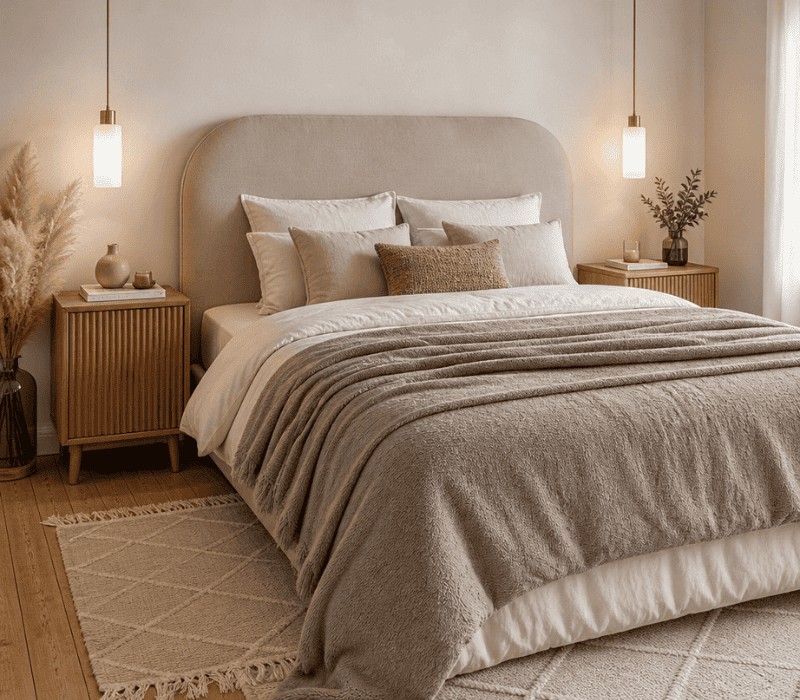 tête de lit arrondie en tissu beige, matière naturelle en coton bio dans une chambre bohème