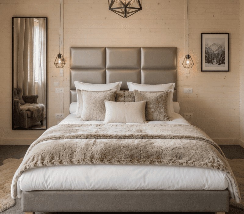 Tête de lit hôtel installée en chambre, ambiance sobre et chic