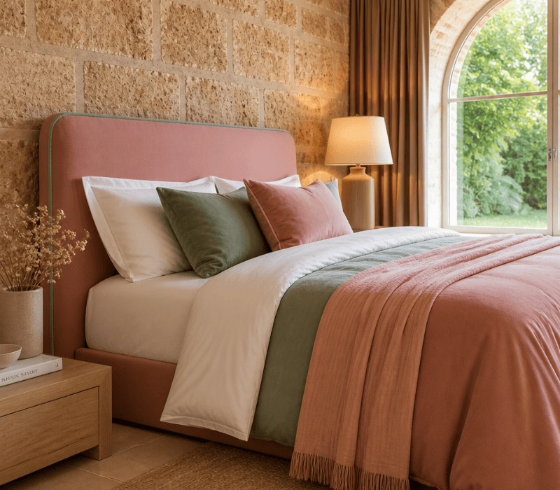 tête de lit velours rose poudré passepoil vert sauge - chambre style naturel