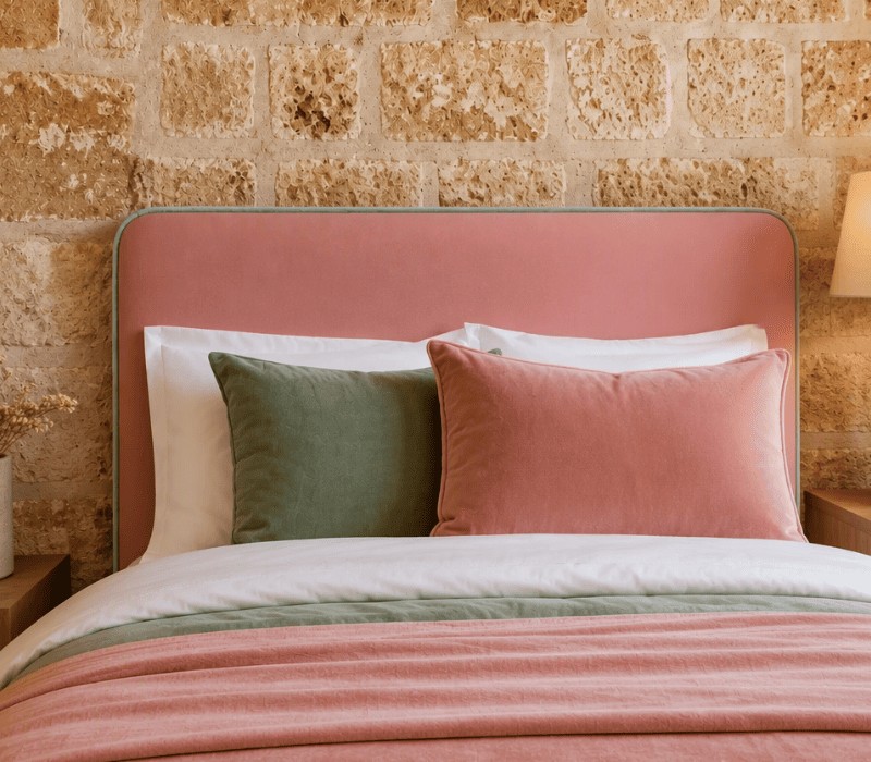tête de lit rose dans chambre adulte avec mur en pierre et coussins assortis