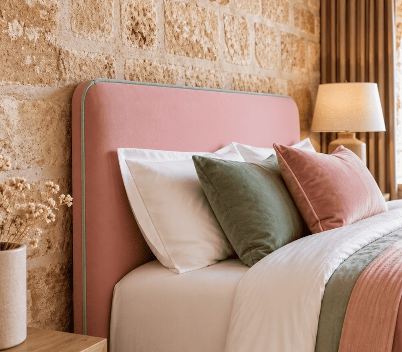gros plan tissu velours rose et passepoil vert - tête de lit Alphacreatio