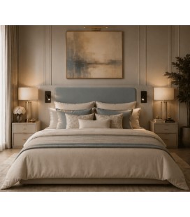 tête de lit pour hôtellerie pas cher, tissu bleu et gris avec liseuses