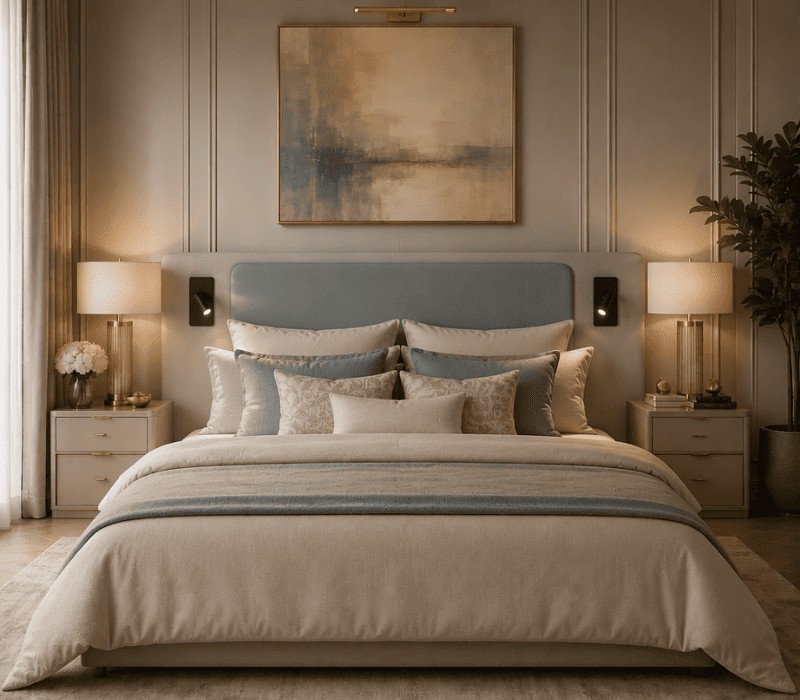 tête de lit pour hôtellerie pas cher, tissu bleu et gris avec liseuses
