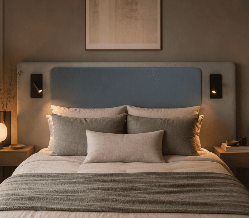 Tête de lit tapissée arrondie bleu gris avec liseuses intégrées pour chambre moderne