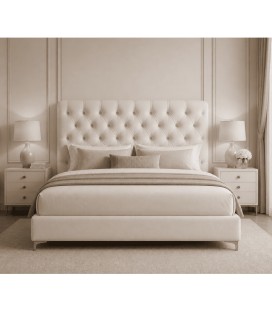 Tête de lit capitonnée velours beige, chambre cosy avec lampes et tables de chevets