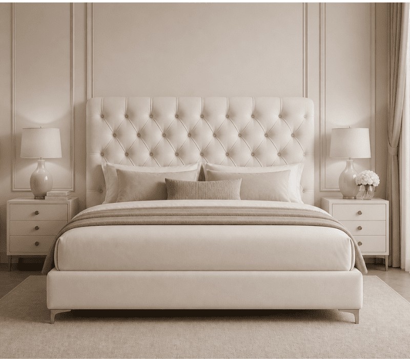 Tête de lit capitonnée velours beige, chambre cosy avec lampes et tables de chevets