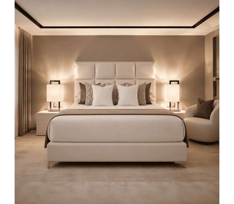 tête de lit pour hôtel chic et chambre chaleureuse. sommier tapissier assorti en simili clair beige