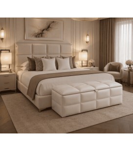 bout de lit hôtel coffre en simili blanc, avec tête de lit pour hotel blanche à panneau