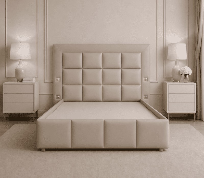 tête de lit hôtel avec panneaux et pourtour, liseuse et prise électrique. tête de lit sur-mesure