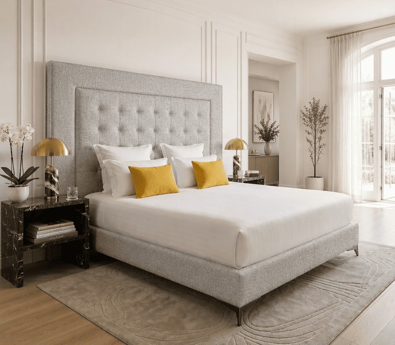 Détail du capitonnage piqué en carré, tête de lit matelassée hôtel