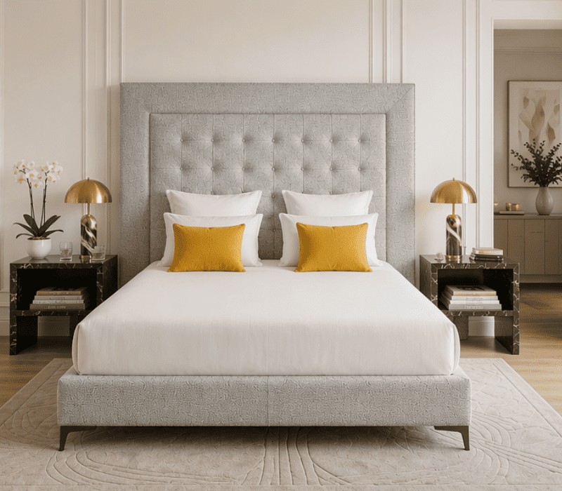 Tête de lit matelassée avec pourtour - liseuse de tête de lit dans une chambre d'hôtel