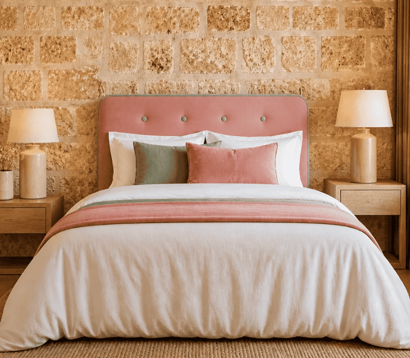 tête de lit en velours rose poudré, finition passepoil vert sauge