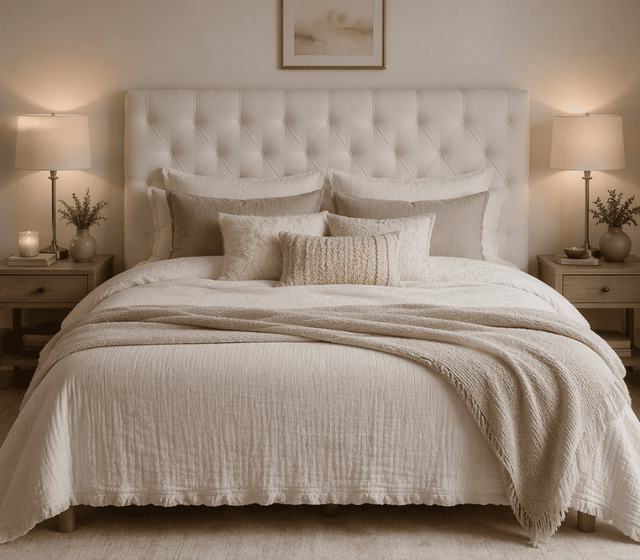 tête de lit capitonnée tissu beige chambre d'hôtes