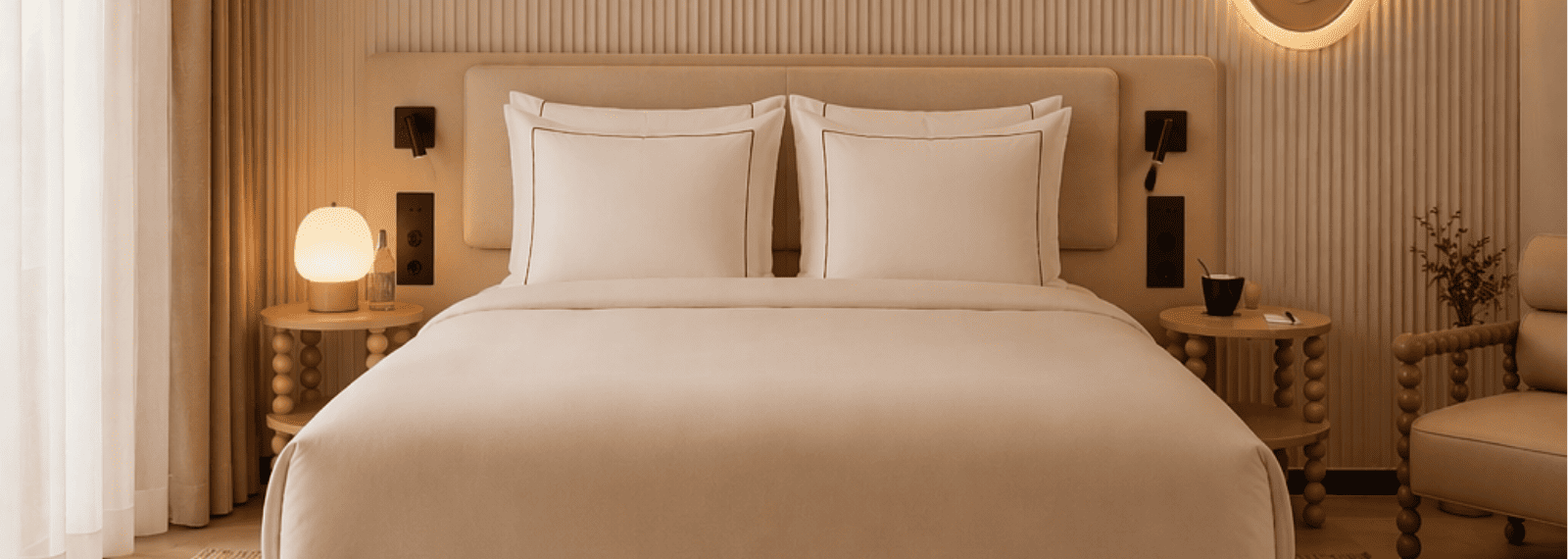 Tête de lit velours sur-mesure dans un hôtel boutique - ambiance cosy