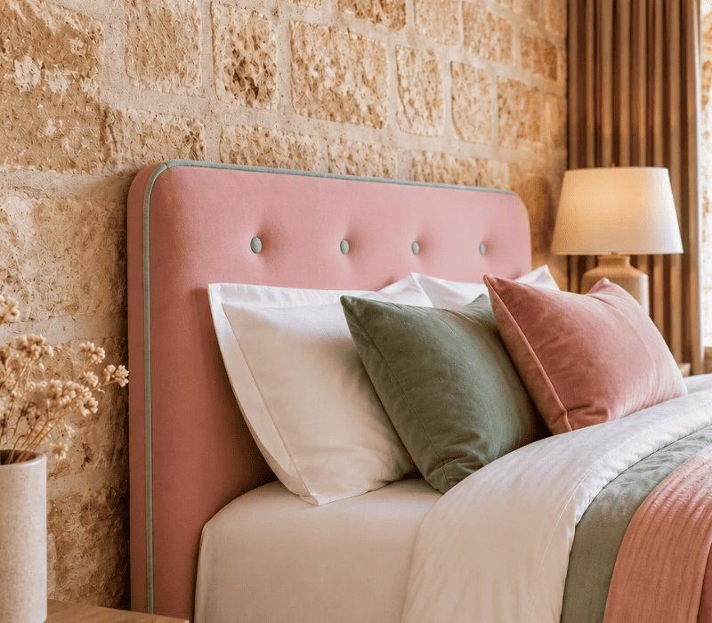 tête de lit en velours rose poudré